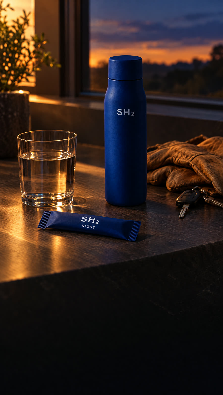 The indigo night stick, a glass of water, the cobalt SH2 bottle, work gloves and ute keys on a kitchen bench at dusk