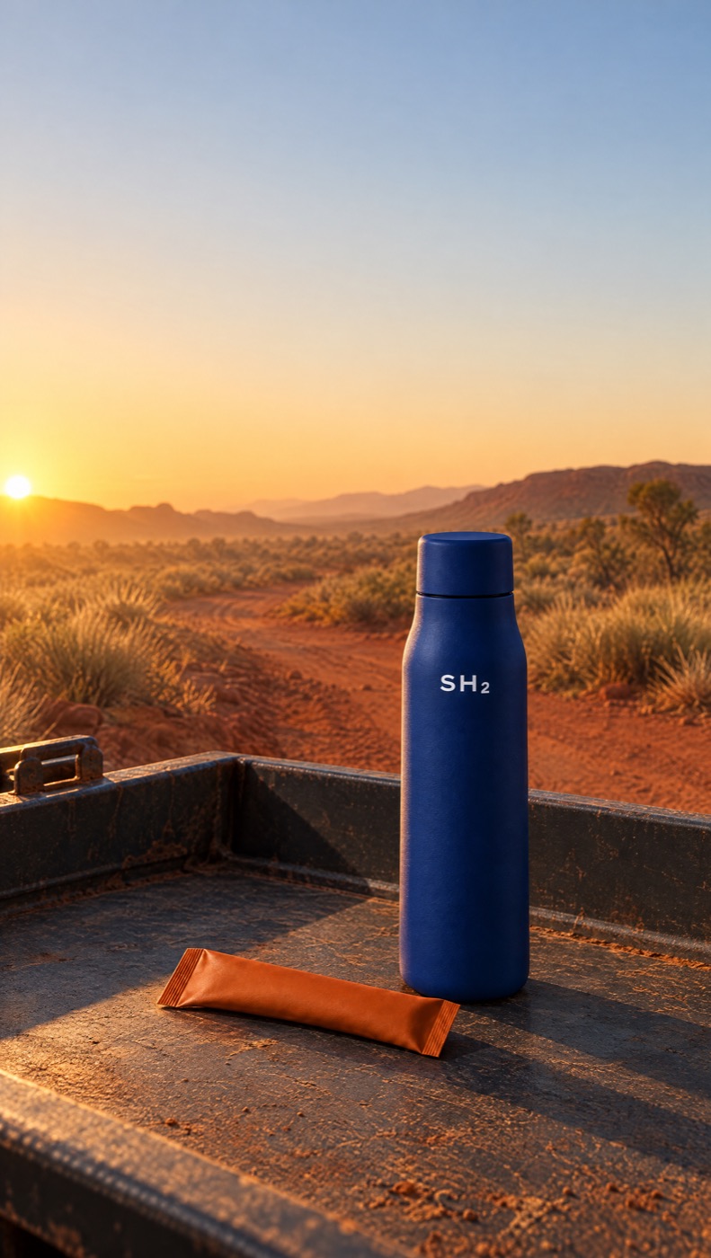 The cobalt SH2 bottle and an orange morning stick on a ute tray at sunrise in the Pilbara