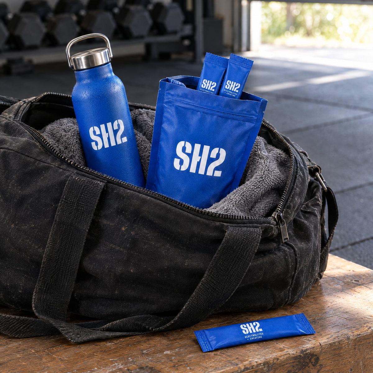 SH2 bottle and zip pouch of sachets in an open gym bag