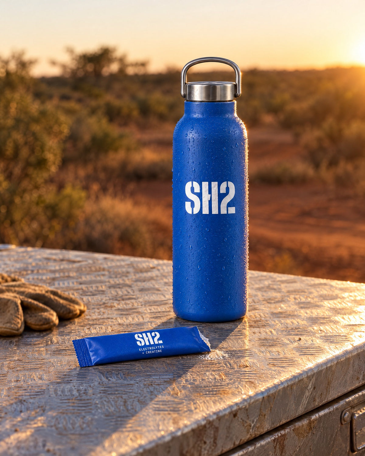 SH2 bottle and a sachet on a ute toolbox at knock-off